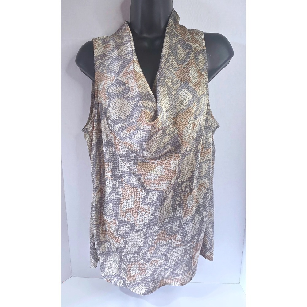 Artrageous Women Snakeskin Print Cowl Neck Sleeveless Blouse Tan Grey Large